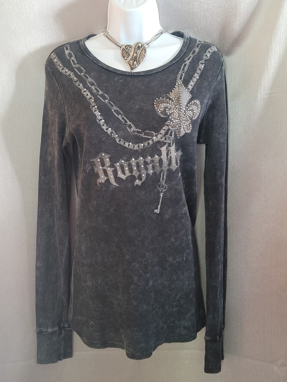 Embellished Black Long Sleeve Top with Fleur-de-Lis